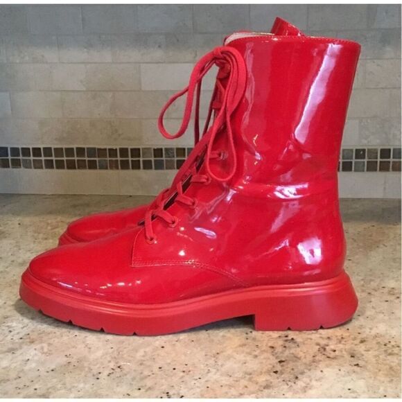 Stuart Weitzman McKenzee Red Patent Leather Lace Up Combat Boots Women’s size 7 - Picture 3 of 11